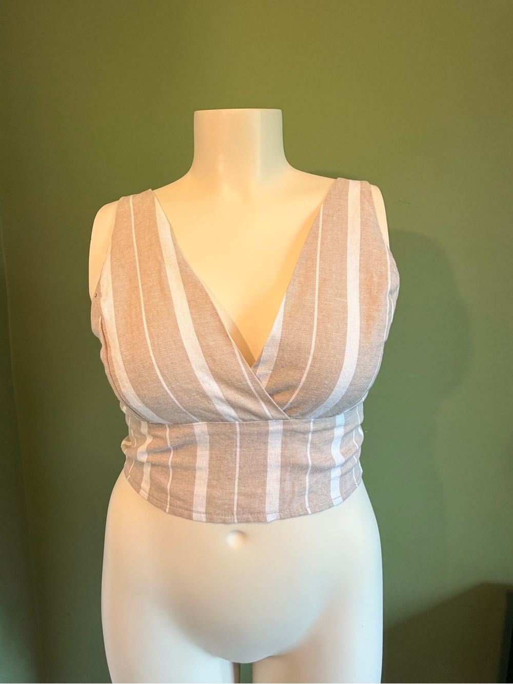Revamped Linen blend Beige and White Striped Wrap Crop Top
